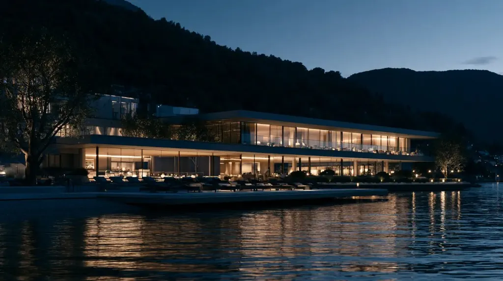 Modern luxury waterfront architecture at night